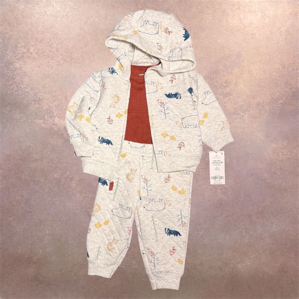Carter's Quilted Hoodie Jogger Set Baby Woodland Animal NWT 9M